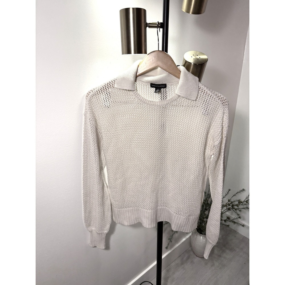 Saks Fifth Avenue collared polo openwork knit sweater‎ preppy classic EUC cream